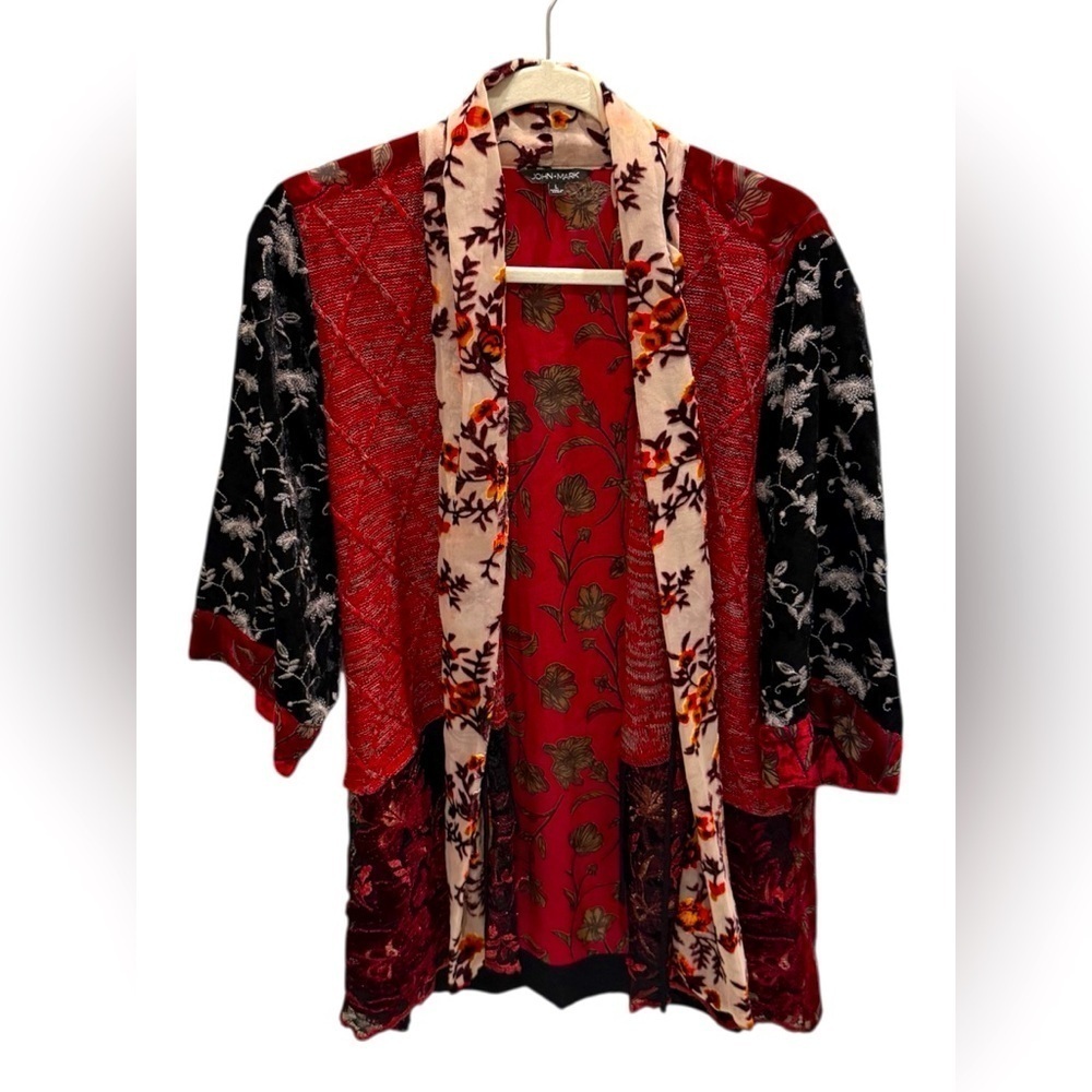JOHN MARK Burgundy Floral Sweater Velvet Lace Burnout Kimono Shrug Size Large